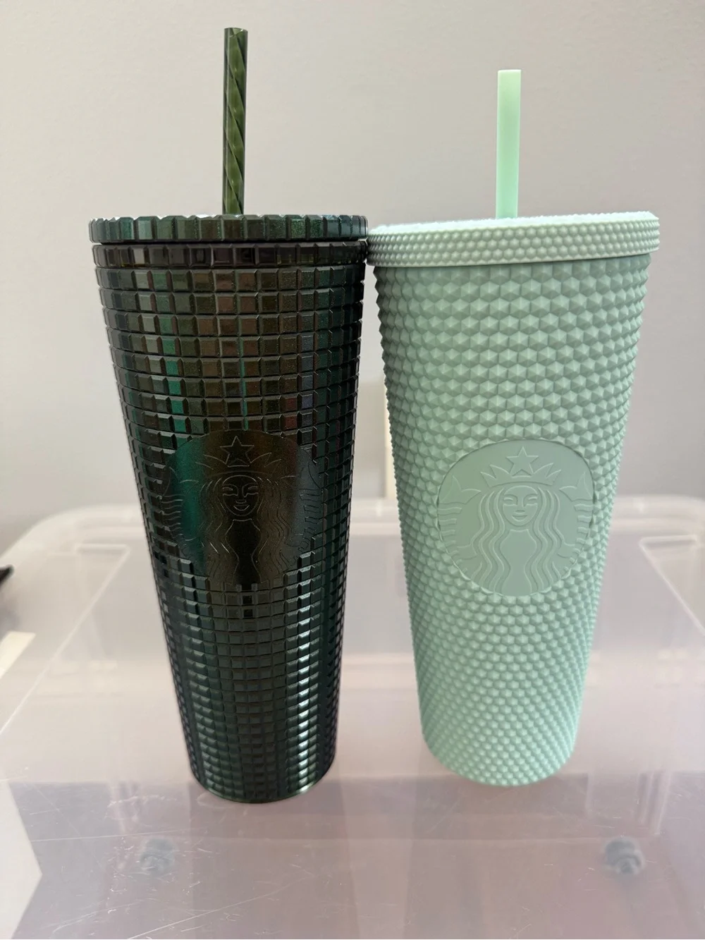 Starbucks Mint Green and Iridescent Dark Green Studded Cold Cup Duo
